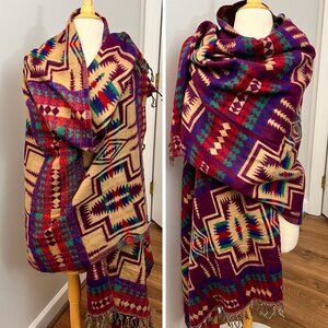 Mexicali Blues Reversible Tan Purple Western Indian Aztec Blanket Scarf